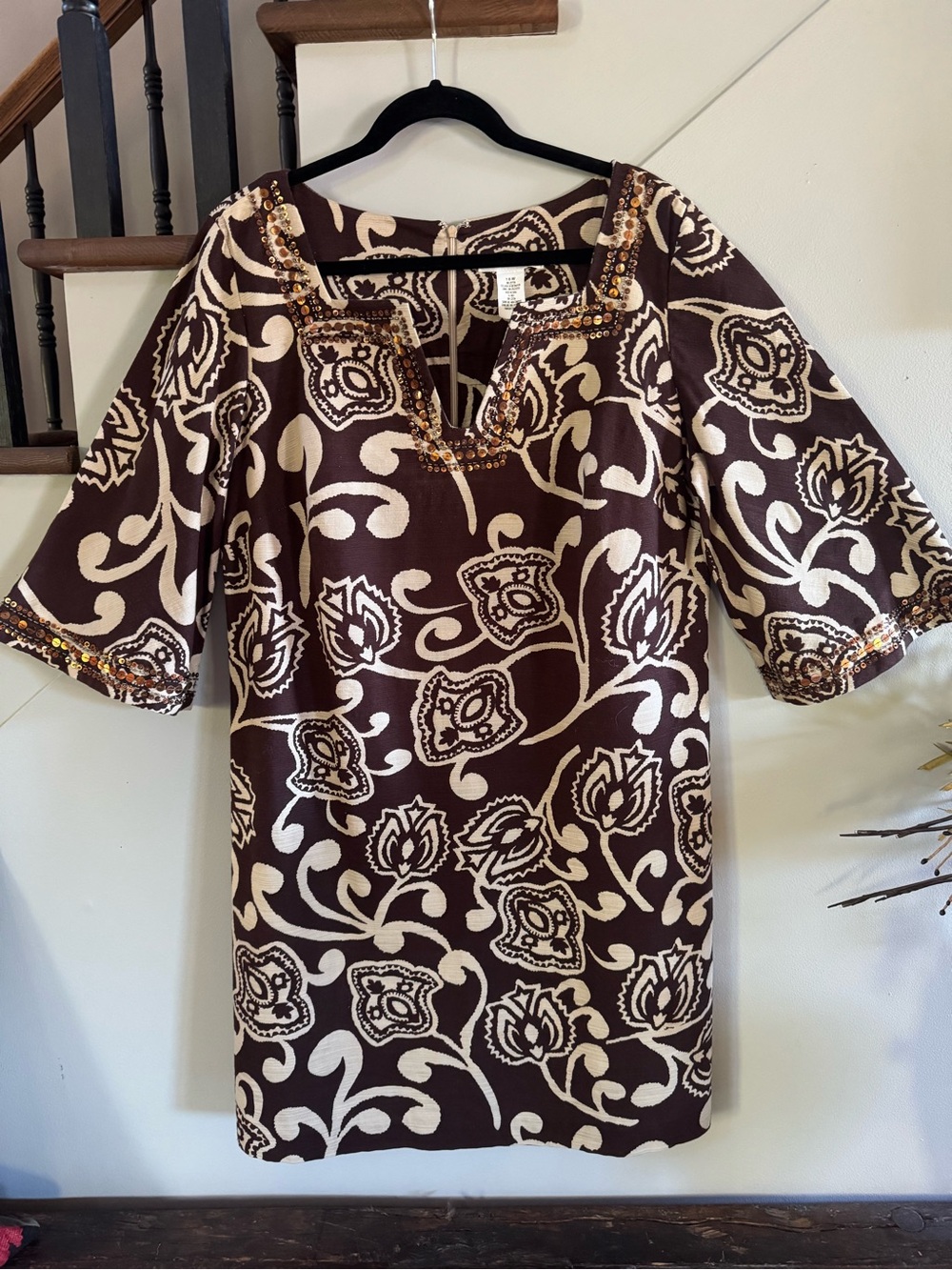 Women’s Brown & Cream Floral Tunic Dress with Embellished Neckline